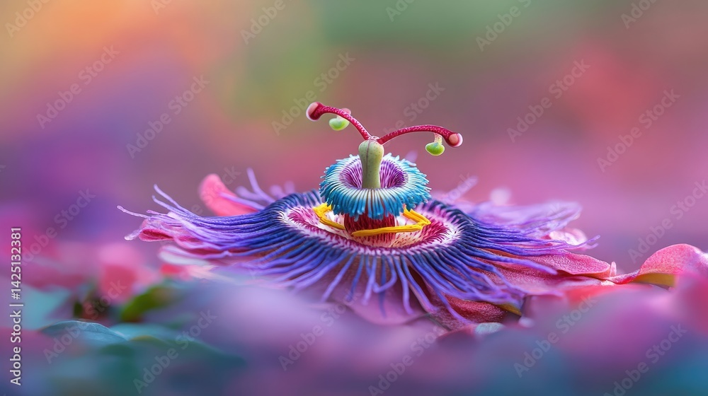 Poster close capture of exotic passionflower in bloom, vivid color pop with shallow focus