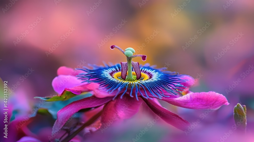 Poster close capture of exotic passionflower in bloom, vivid color pop with shallow focus