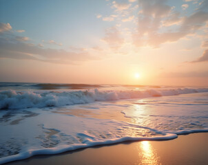 Fototapeta premium Serene Sunrise Over Gentle Waves, A Tranquil Beach Scene with Ample Sky and Soft Colors, Evoking Peacefulness and Natural Beauty in Coastal Landscape