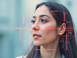 Serene Woman Contemplating a Futuristic Network Interface Overlay, Embracing Technological Advancement with Elegance and Poise in a Modern Era