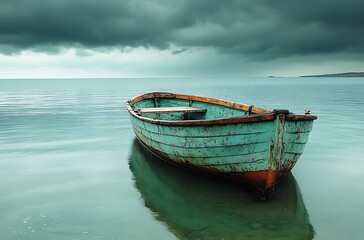 Fototapeta premium Serene waters teal boat tranquil landscape under moody sky reflection