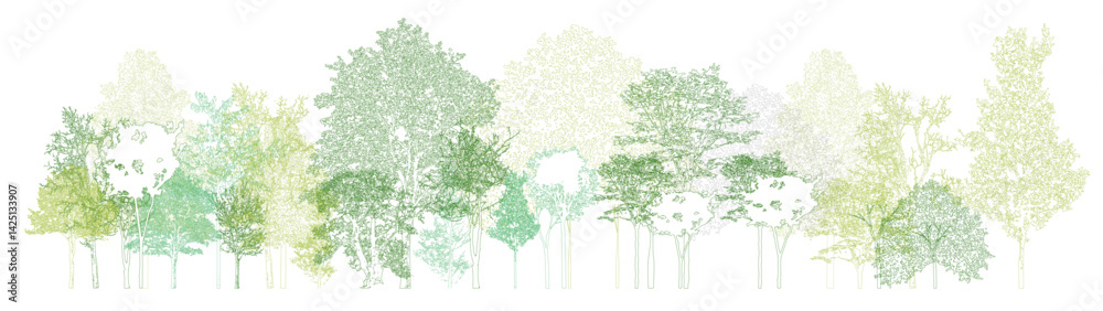 Poster architectural drawings, minimal style cad tree line drawing, side view, set of section wetland fores
