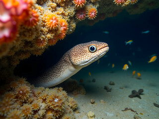 Serpentlike Moray Eel Portrait Amidst Vibrant Coral Reef, Captivating Underwater Scene with Exotic Marine Life, Beautiful aquatic environment with colorful fish, calm waters