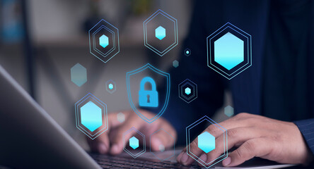 Cyber Protection Data Security Internet Privacy, Internet and technology concept on virtual screen. Man touching on lock icon.