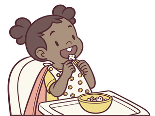 Cute Cartoon Toddler Girl Eating Cereal in High Chair with Bib Illustration for Kids Nutrition and Healthy Eating Content