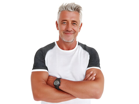 Senior man in half-smile post-exercise, standing , healthy energy, clean  background