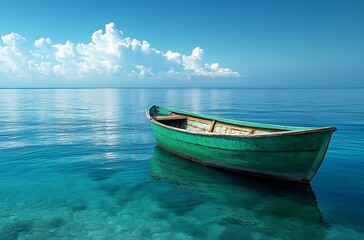Naklejka premium Tranquil green boat floating on clear turquoise water under a blue sky