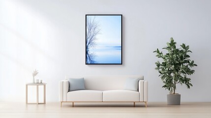 Tranquil lake scene framed, minimalist living room