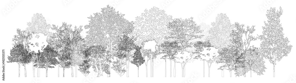 Aufkleber minimal style tree line drawing, side view, set of section wetland forest outline for landscape desi