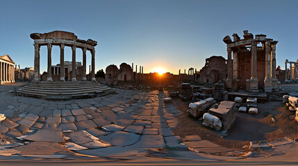 Fototapeta premium Sunrise over ancient Roman ruins, historical site, panoramic view, travel destination