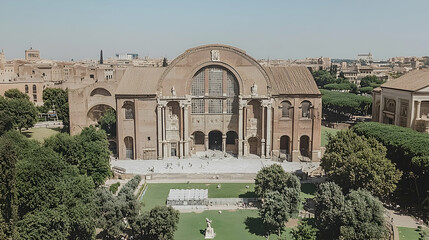 Fototapeta premium Ancient Roman basilica, sunny day, aerial view, tourists exploring, historical site, travel photography