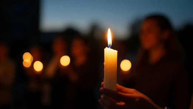 Solemn candlelight vigil at dusk symbolizes remembrance and unity, casting a warm glow as participants honor a shared cause under the fading light