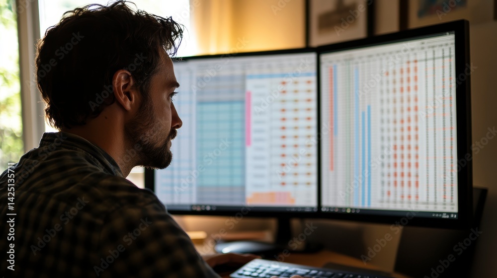 Aufkleber man analyzing data on dual monitors at home office.