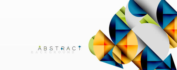 Modern abstract design features geometric shapes, vibrant colors. Blue, yellow, green elements create dynamic composition over white backdrop. Stylish, clean aesthetic.