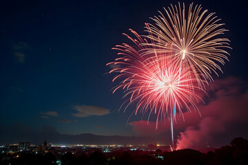 Spectacular fireworks display illuminates the night sky over a distant cityscape, creating a vibrant and festive atmosphere with ample sky space above