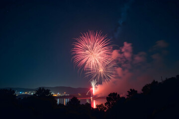 Spectacular Fireworks Display Illuminating the Night Sky Over a Calm Lake, Reflecting Vibrant Colors and Celebrating a Special Occasion in a Festive Ambiance