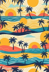 Fototapeta premium A vibrant seamless pattern featuring a stunning tropical sunset, showcasing rich hues of orange, pink, and purple blending into a serene sky, with silhouettes of palm trees and exotic flowers.