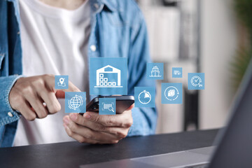 Supply chain management concept. Comprehensive stages of logistics from production to feedback analysis. Person use smartphone and laptop with supply chain management icons.