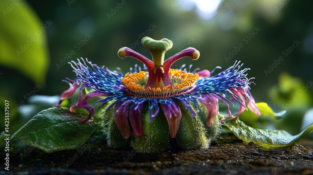 Poster intricate design of passiflora incarnata petals and corona filaments, natural setting