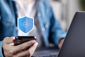 AI in Cybersecurity concept. data protection, enterprise cybersecurity and malware defense. Person with AI security technology icons.
