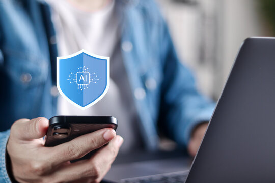 AI in Cybersecurity concept. data protection, enterprise cybersecurity and malware defense. Person with AI security technology icons. - Powered by Adobe