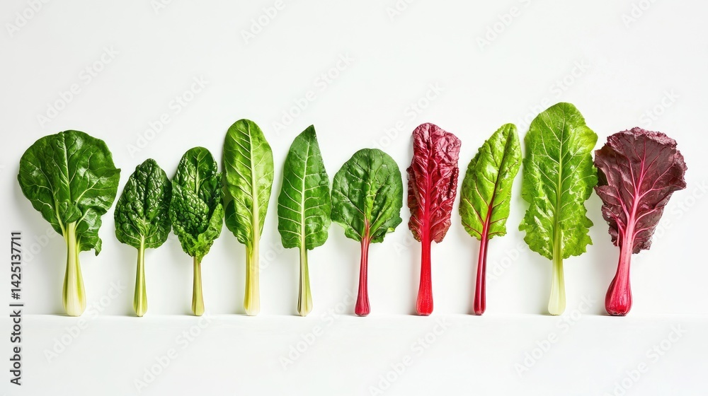 Poster leafy chard greens arranged with stems showing deep red hues, clean white setting