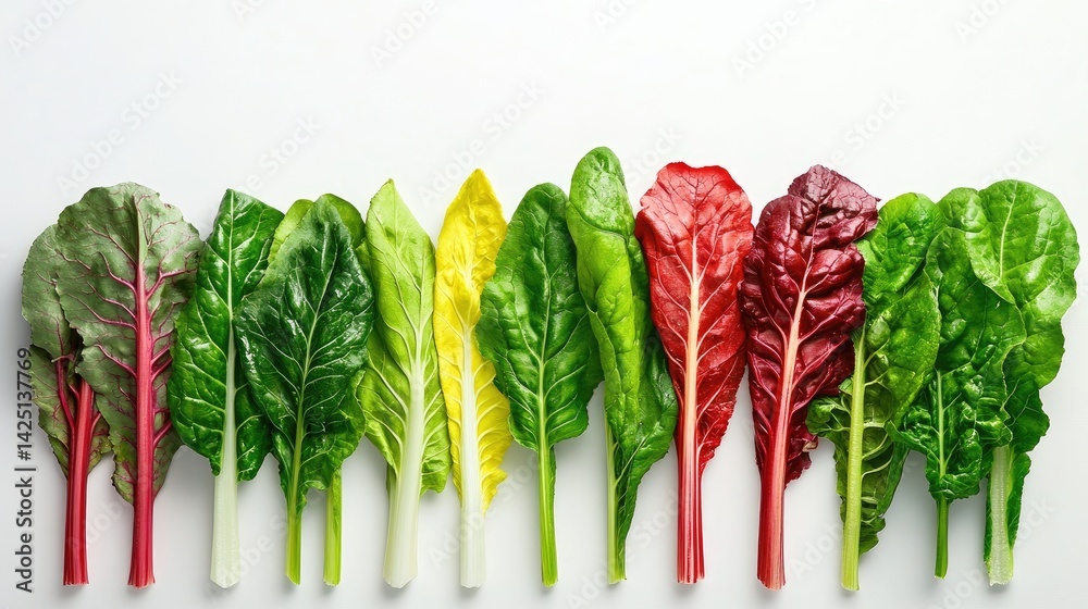 Poster leafy chard greens arranged with stems showing deep red hues, clean white setting