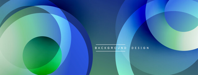 Abstract background features overlapping circles. Colors include shades blue, green, teal. Modern design evokes fluidity, depth, visual harmony. Minimalist aesthetic.