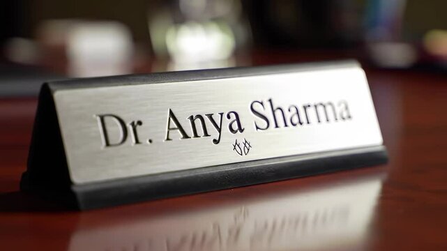 Nameplate of Female Doctor in a Professional Office Setting: A Close-Up of Dr. Anya Sharma's Desk Nameplate Clearly Displaying Her Title and Professional Identity