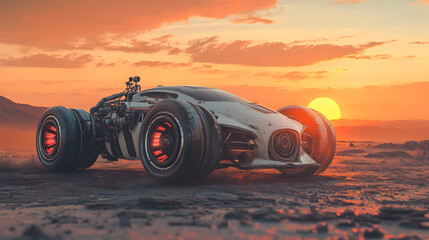 Futuristic Off Road Vehicle Sunset Desert Landscape Adventure Exploration