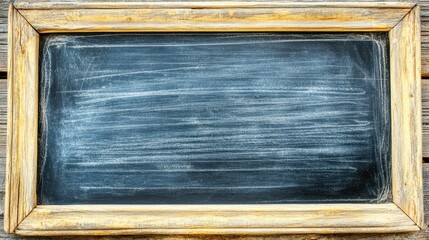 A rustic wooden-framed chalkboard with faint white chalk streaks covering the dark surface. It appears weathered and ready for writing