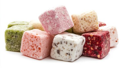 Colorful Marshmallows in Pastel Shades on White Background