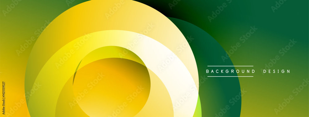Poster Abstract design features layered circular shapes. Yellow, green hues blend smoothly creating dynamic visual effect. Modern aesthetic suitable for backgrounds, presentations.