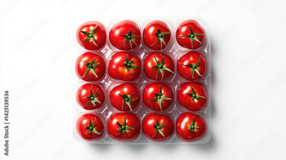 Poster top view of ripe red tomatoes neatly packed in plastic tray, isolated on clean white background