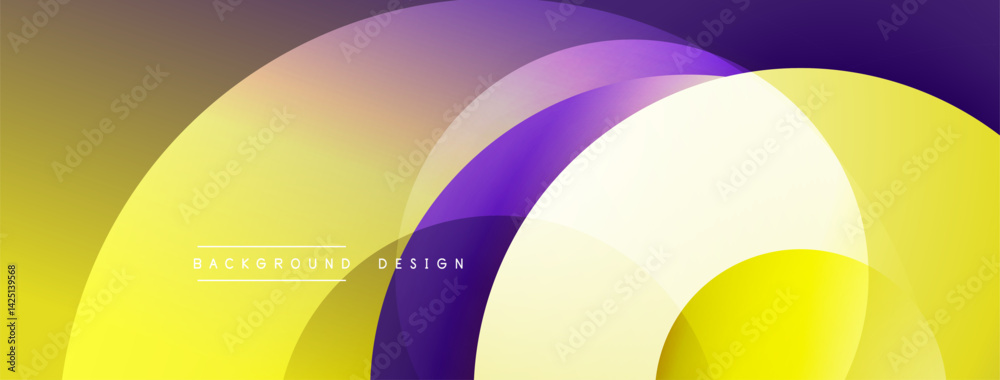 Poster Abstract composition featuring overlapping translucent circles. Colors range from yellow, gold, purple, white creating dynamic visual effect. Modern background design element.
