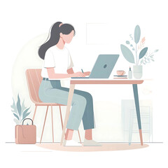  A female freelancer working on a laptop at a small table, minimalist flat vector style, clean white background, casual clothes, flat pastel colors
