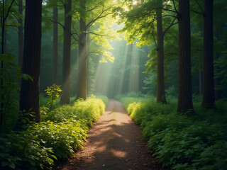 Fototapeta premium Sun-Dappled Forest Path, A Tranquil Journey Through Nature's Embrace with Sunlight Filtering Through the Trees creating a Sense of Peace and Serenity
