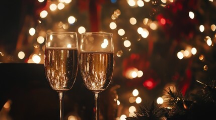 Two champagne flutes, sparkling,  festive holiday background.