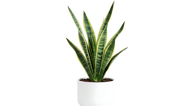 A snake plant in a white pot against a black background in a studio setting with soft lighting