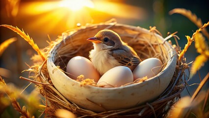 A young bird nestled in a woven nest at sunrise, surrounded by speckled eggs, basking in the warm golden light