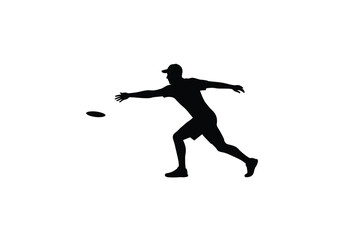 Obraz premium Disc golfer silhouette. This image shows a person in a dynamic pose, reaching out to throw a disc, also known as a frisbee, in an action-packed stance. Vector clipart illustration design.