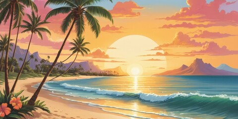 Fototapeta premium A breathtaking tropical sunset paints the sky in vibrant hues of orange, pink, and purple, silhouetting swaying palm trees against the horizon, while gentle waves lap at the sandy shore.