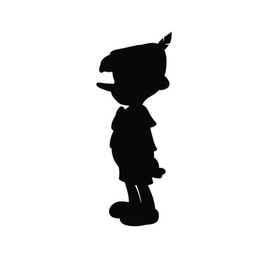 Pinocchio silhouette. This image shows a silhouette of Pinocchio, the famous puppet boy from the fairytale, standing in profile with a hat and shoes. Vector clipart illustration design.