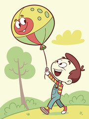 Cartoon Boy with Ladybug Balloon: Happy Child Walking Outdoors Illustration, Cute Character Design, Kids Graphic Art, Vector Image