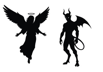 Angel devil silhouette. A celestial angel with a halo and wings contrasts with an infernal devil with horns and a tail, symbolizing good and evil. Vector clipart illustration design.