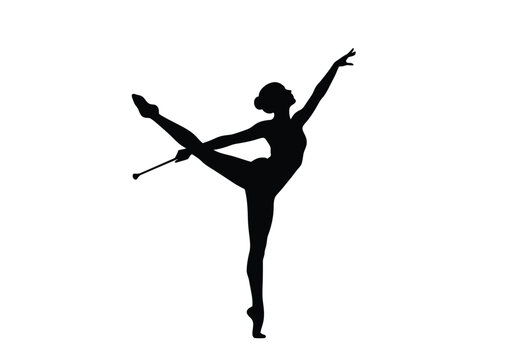 Twirler silhouette. This image shows a silhouette of a twirler performing a graceful pose with a baton, showcasing athleticism, rhythm, and expressive movement. Vector clipart illustration design.