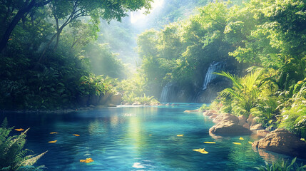 Fototapeta premium Serene Reflection of Lush Greenery and Calm Waters in a Peaceful Forest, crystal-clear water surrounded by natural beauty, peaceful forest with beautiful water background.