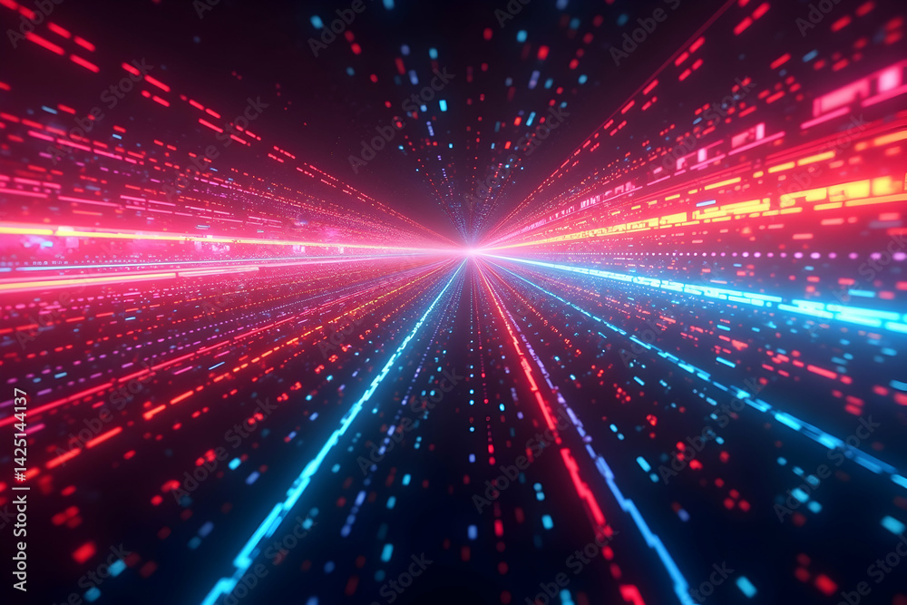 Poster vibrant data streams create a dynamic digital realm with colorful light streaks, symbolizing futuris