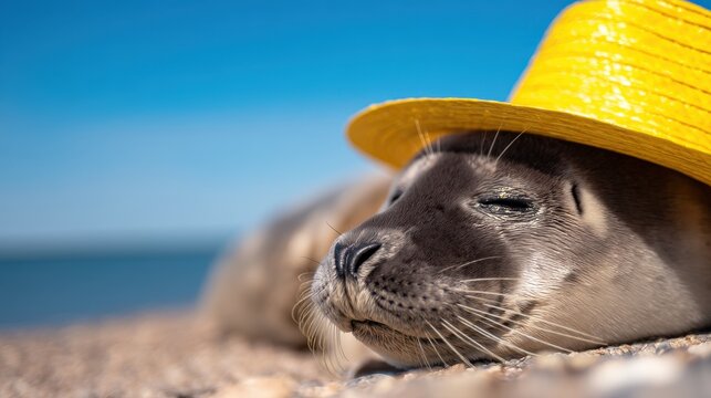 A relaxed seal wearing a bright yellow hat lounging on a sunny beach by the ocean