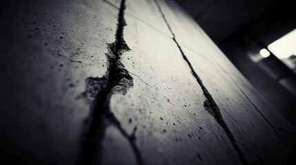 Dramatic, low-angle view of cracked concrete with stark shadows and a bright, distant light source. Industrial and textured